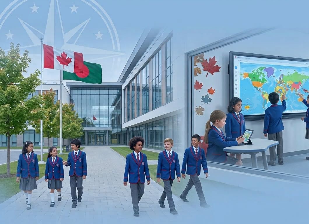 Students in blazers walking across a modern school campus